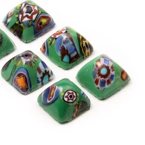 Lot (6) Czech vintage millefiori green square glass cabochons 12mm - Picture 1 of 3