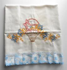 VINTAGE HAND-EMBROIDERED BASKET OF FLOWERS LACE TRIMMED COTTON PILLOWCASE