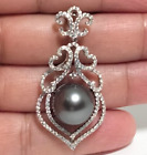 Énorme pendentif perle semi-ronde authentique gris foncé de Tahiti 12,5 x 13,2 mm mer 925 SS
