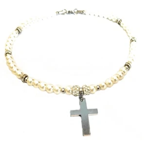 Collana da donna con croce rosario di perle in acciaio inox catenina ciondolo - Foto 1 di 11