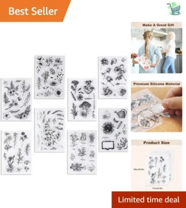 Durable Flower and Plant Stamps - 8 Pack Clear Silicone Stamps for Card Crafting - Picture 1 of 9