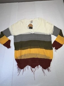 Main Strip Womens Small Sweater Multicolor V Neck Fray Hem Pullover Long Sleeve - Picture 1 of 11
