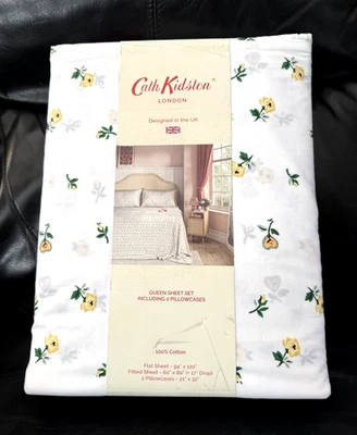Cath Kidston London Lace Ditsy Lemon 100% Cotton QUEEN Sheet Set 4pc - Image 1 of 4