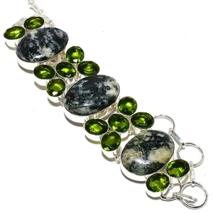 Negro Ágata Musgosa, Peridoto Piedra Preciosa Hecho a Mano 925 Pulsera Plata Ley - Imagen 1 de 5
