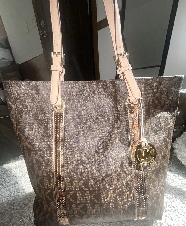 Bolso de Mano Michael Kors Grande Firma Cuero Marrón Oro Rosa Lentejuelas 👜  Foto 1 de 4