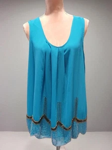 Little Mistress türkisblau Tunika Tank Perlenstickerei L transparente Bluse Damen Boho Gr. 12 - Bild 1 von 11