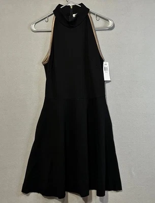 Three Dots Womens Black Fit and Flare Dress Medium Halter Brown Leather Trim - Image 1 of 4