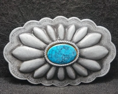 XB27145 GRAN HEBILLA DE CINTURÓN VINTAGE AÑOS 70 **FLOR CON PIEDRA AZUL** ARTE NATURAL Foto 1 de 2