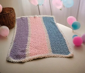 Hand-Crocheted Baby Blanket Afghan Purple White Blue Pink 43" x 43" Pastel Throw - Picture 1 of 2
