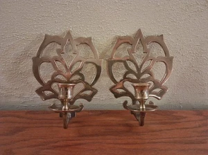 Brass Sconce Candle Holders Pair Ornate Filagree Holds Votive or Taper Vintage  - Picture 1 of 4