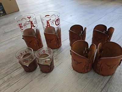 Vintage Libbey Bamco Western Cowboy Glasses With Tooled Leather Holder Set Of 4. - Image 1 of 4