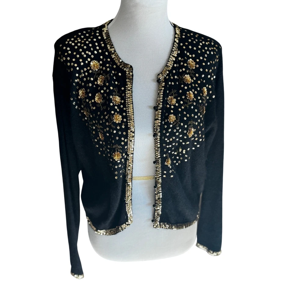 ¡BRAVO vintage años 90! Cárdigan de seda con cuentas de angora - Suéter de fiesta de lentejuelas doradas negras Foto 1 de 4