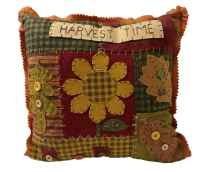Felt Pillow Fall Harvest Accent Throw Sun Flower Leaf Button Gingham Autumn 13" - Image 1 of 4