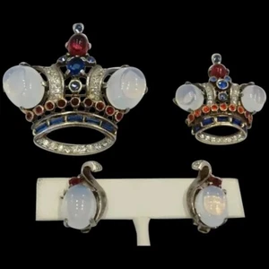 TRIFARI Philippe Sterling Large & Small Moonstone Cabochon Crown Pins & Earrings - Picture 1 of 18