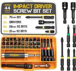 1/4” Impact Drill Screw Driver Nut Bit Magnetic Set Hex Shank 44Pc Hi-Spec - Picture 1 of 7