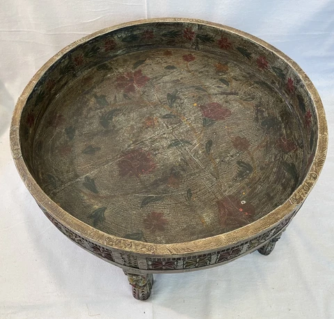 Vintage 11 x 11” Wood Hand Carved Painted Iron Work Chakki Table Coffee Table Cover