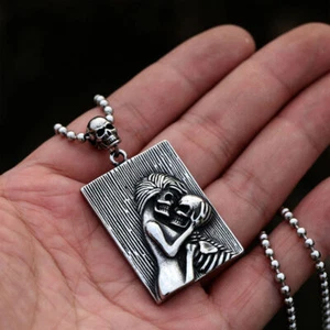 Vintage Biker Skeleton Lover Skull Pendant Necklace Stainless Steel Lovers Chain - Picture 1 of 7