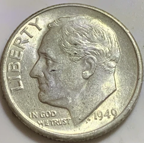 1949-S 0.9 Silver Roosevelt Dime AU: All Lines Visible Torch and Flame Cover