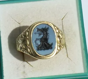 Solid Art Nouveau Two Layer Agate Silver Gold Plated Signet Intaglio Seal Ring - Picture 1 of 5
