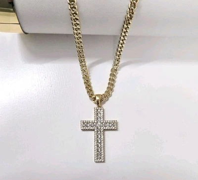 Colgante Cruz Diamantada Oro 9ct XP En Cadena Cubana 18" Mujer Trinidad Oro Cruz  Foto 1 de 4