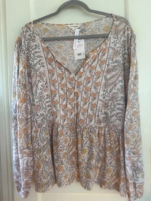NWT Lucky Brand Knit Boho Top Shirt Tunic Peasant Blouse Ruffled Lon Sl XL Flora - Image 1 of 3