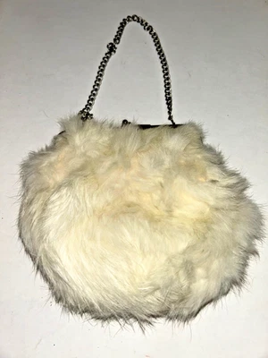 Vintage Elegant Rabbit Fur Purse Metal Chain Strap Kiss Clasp White Satin Lining - Image 1 of 3
