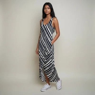 Tommy Bahama Maxi Dress M Blue White Striped Sleeveless Rayon Stretch Long - Image 1 of 4