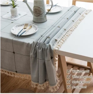 NEW! Boho Rustic Farmhouse Tablecloth Gray Blue Cotton Linen with Tassels 55X71" - Picture 1 of 3