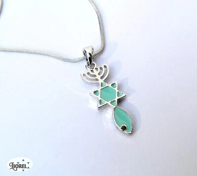 Collana con ciondolo in argento sigillo MESSIANICO blu-verde innestato in rad... - Immagine 1 di 4