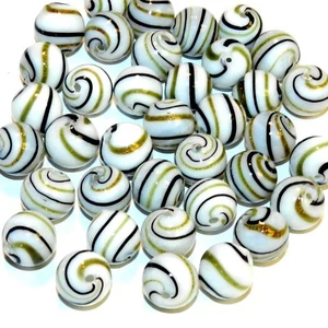 GL2618 White w Black & Gold Swirls 12mm Round Blown Lampworked Glass Beads 25pc - Picture 1 of 2