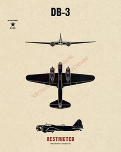 WWII USSR Russian Ilyushin DB-3 Bomber Aircraft Recognition Poster V-1 - Picture 1 of 7
