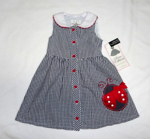 NWT Rare Editions Girls Ladybug  Dress size 3T Gingham Navy Summer