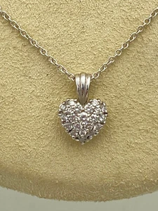 u346 Vintage 14K White Gold .20cts Diamond Heart Pendant Chain Necklace 18" Long - Picture 1 of 7