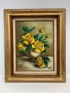 Framed Signed Oil on Canvas Still Life Painting with Yellow Flowers / Roses - Picture 1 of 14