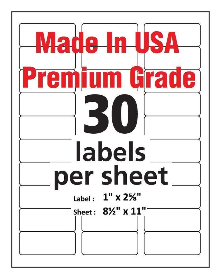 Premium Shipping Address Mailing Labels-Made in USA-1" x 2 5/8"-30/sheet-30 UP - Image 1 of 1