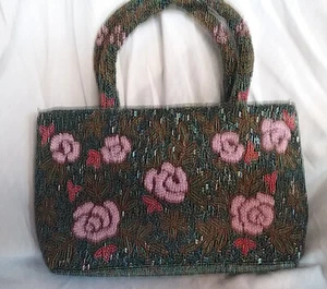 Vintage Beaded Purse, Seed beads, 3D Iridescent Pink Roses, Leaves - Picture 1 of 3