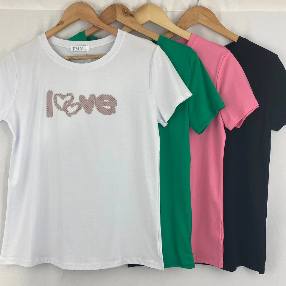 New Womens Love Diamante Sparkly Ladies Cotton Soft Stretch T Shirt Top - Image 1 of 1