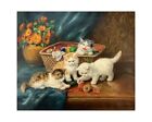 19ème siècle huile sur toile peinture de chatons chats chat jouant par Yvonne Laur