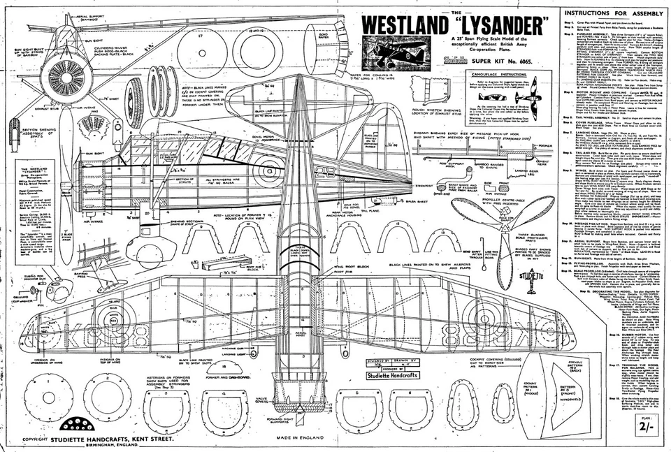 STUDIETTE BIRMINGHAM WESTLAND LYSANDER FREE FLIGHT 25" SPAN PLANS - Image 1 of 1