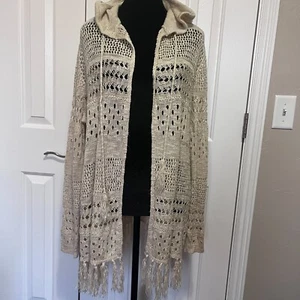 Cato Cream Crochet Cardigan Womens 3X Fringe Minimalist Boho Neutral Duster - Picture 1 of 8
