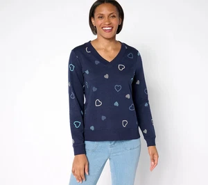 AnyBody Cozy Knit French Terry Heart Printed Pullover Blue XL - Picture 1 of 2