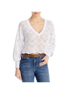 AQUA Womens White Semi-sheer Trim Balloon Sleeve V Neck Crop Top Sweater XL - Picture 1 of 9