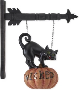 Schwarze Katze auf bösem Kürbis Pfeil Ersatz Halloween Schild Ketten 13,75" - Bild 1 von 1