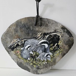 LGE Cornish Slate Wildlife Painted Badgers Juliet Read English 32x24 cm Hanging - Bild 1 von 4