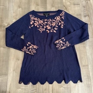 Susan Graver Weekend Sweater Tunic XS Navy Coral Scalloped Edge Soft Floral - Picture 1 of 9