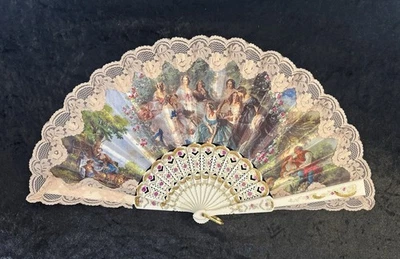 Винтажный тканевый кружевной викторианский ручной складной женский вентилятор колониальной сцены - Изображение 1 из 4