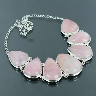 Collar Joyería Plata de Ley 925 Hecho a Mano Piedras Preciosas Cuarzo Rosa Natural 18" Foto 1 de 4