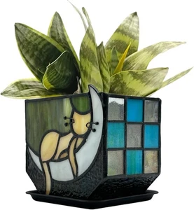 Tiffany Stained Glass Fun Moon Sleeping Cat Planter，Cactus Yellow-green  - Picture 1 of 6