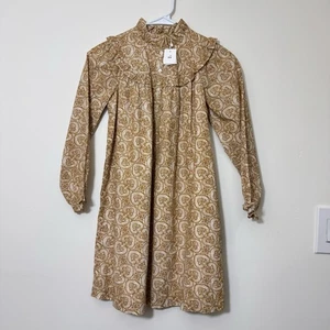 BONPOINT Girl’s Long Sleeve Dress Size 10 Ochre Liberty Print Ruffle New - Picture 1 of 7