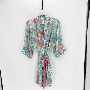 Camicia da notte e accappatoio vintage delicati rosa brillante teal floreale taglia M civetta sexy - Foto 1 di 7